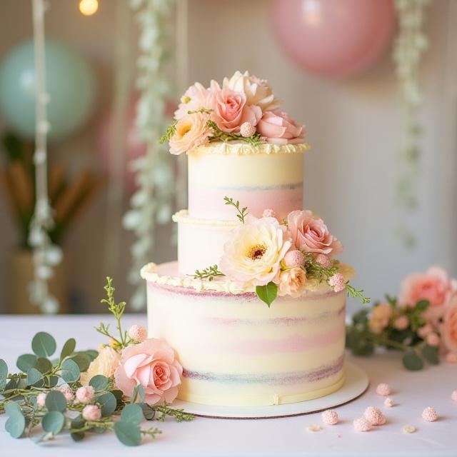 Geburtstagstorte mit floraler Verzierung auf Feier